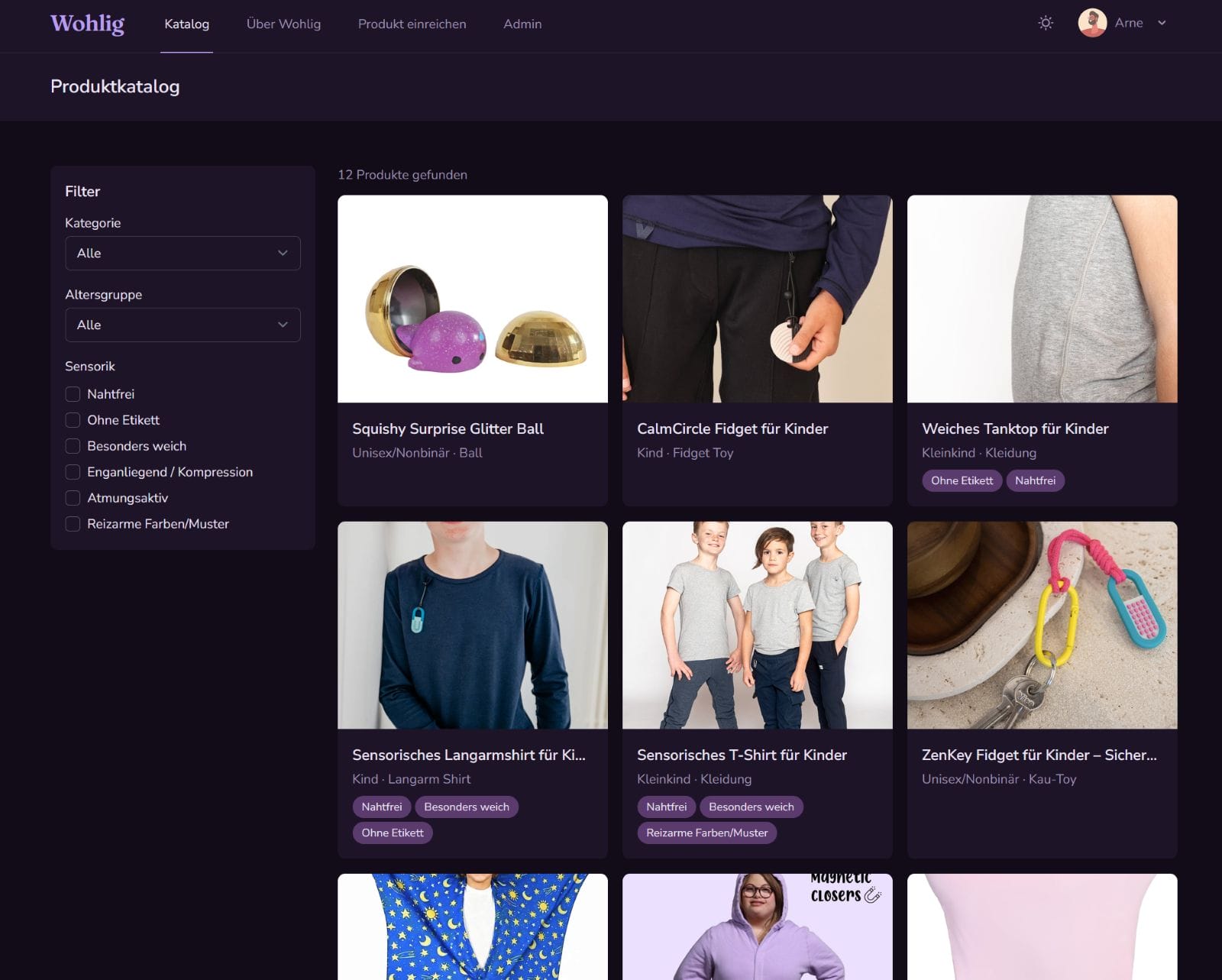 Vorschau: die Startseite von Wohlig mit dem Produktkatalog und den Filtern