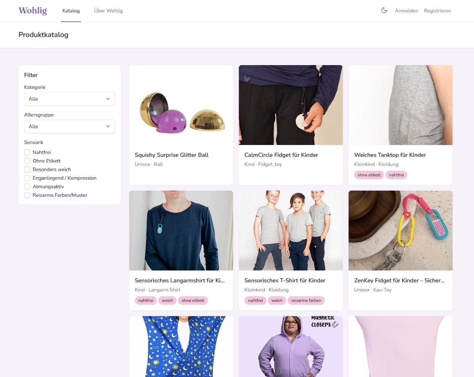 Vorschau: die Startseite von Wohlig mit dem Produktkatalog und den Filtern